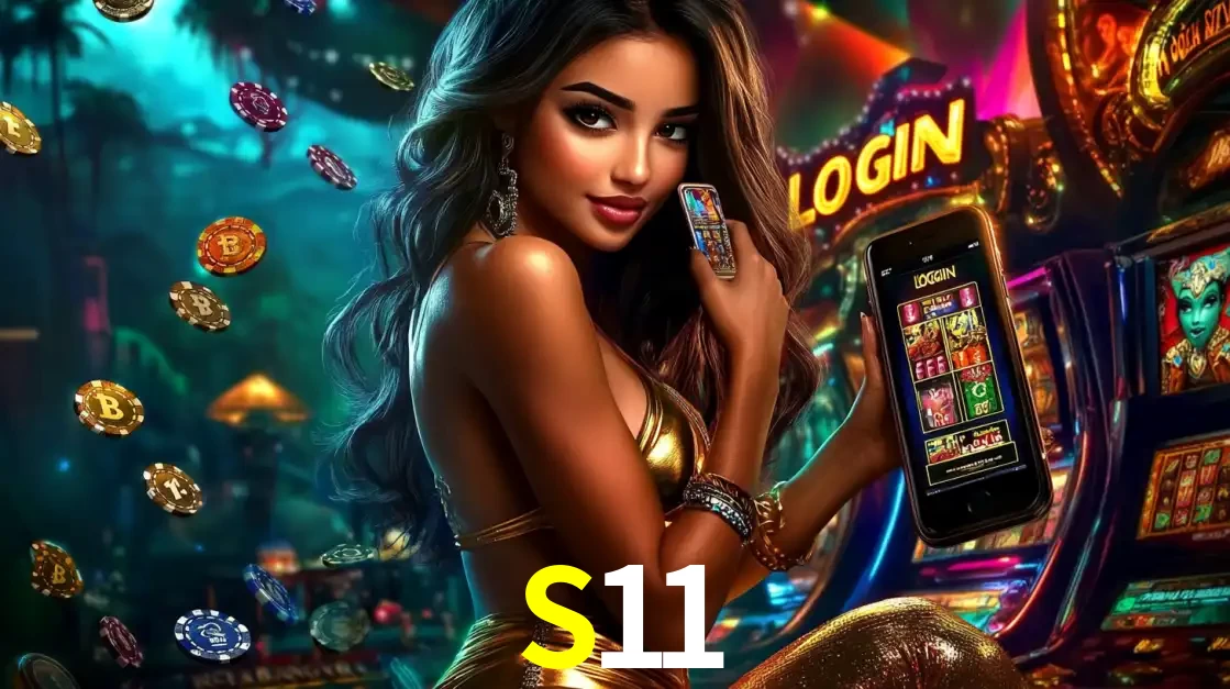 Mulher em um cenário de cassino temático de aventura, mostrando o app de caça-níqueis da S11 no celular. Fichas de apostas flutuam ao redor.