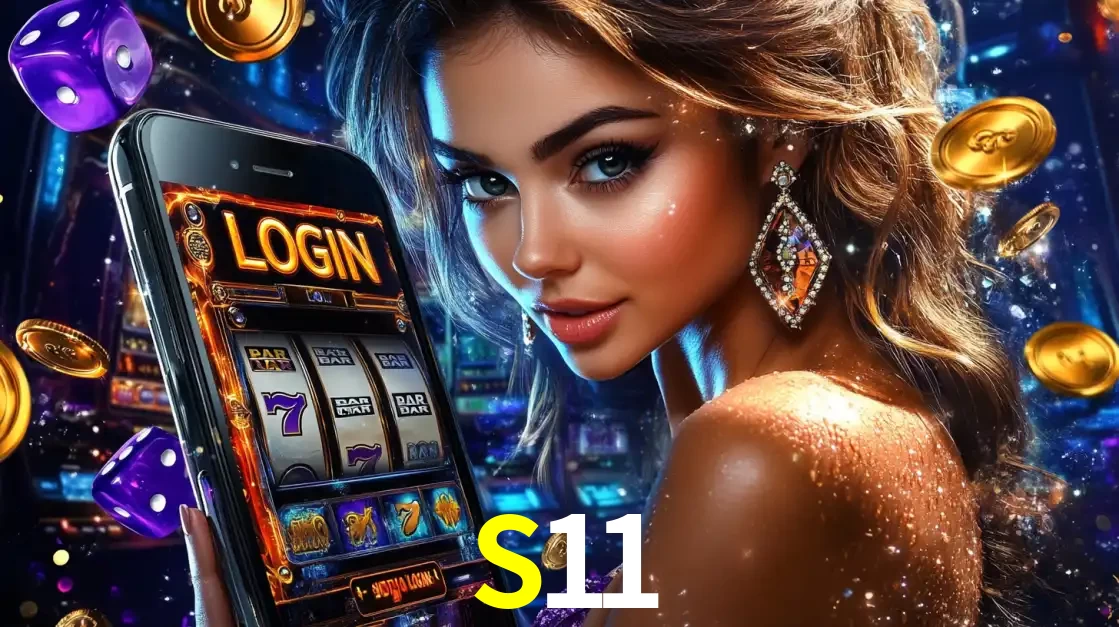 Mulher glamorosa segurando um smartphone com a tela de login para os jogos de caça-níqueis do cassino online S11, com moedas de ouro e dados ao redor.