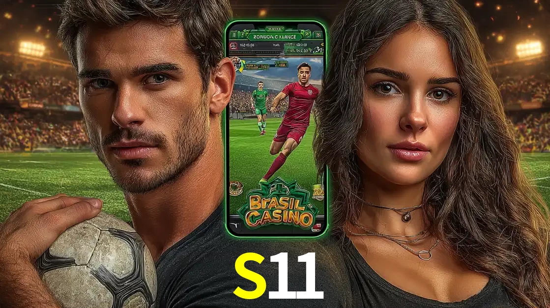Homem segurando uma bola de futebol e uma mulher ao lado de um smartphone exibindo o jogo de apostas esportivas da S11. Faça seu palpite no cassino online.
